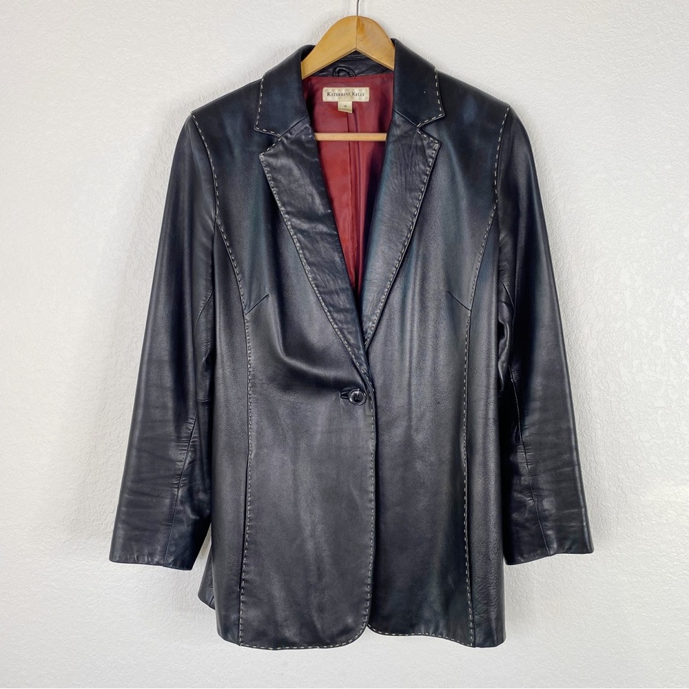 Vintage Katherine Kelly Black Exposed Stitch Lambskin Leather Jacket